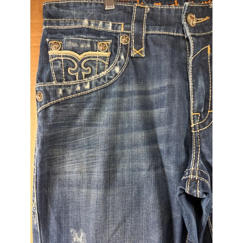 Rock Revival Curtis Straight Jeans Mens 36 Blue Distressed Thick Stitch Denim